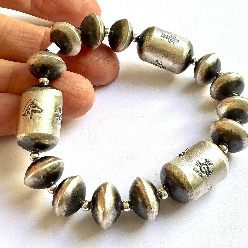 Navajo Pearls Bracelet 12mm Bead Sterling Silver Stretch Bangle Native American